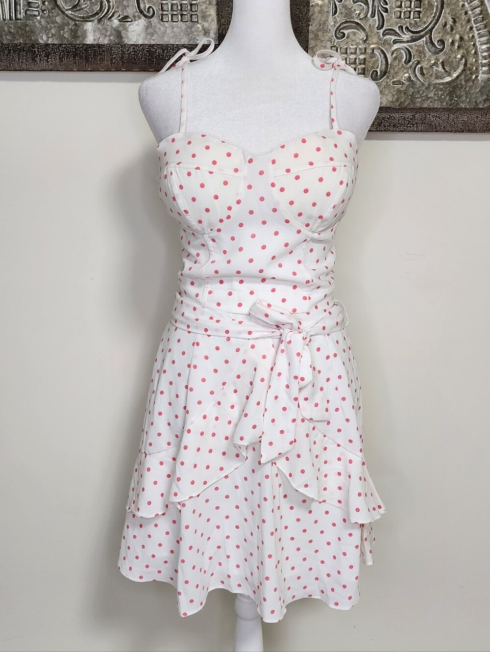 Gianni Bini White & Pink Polka Dot Smocked Top & Ruffle Skirt Set Medium Preppy
